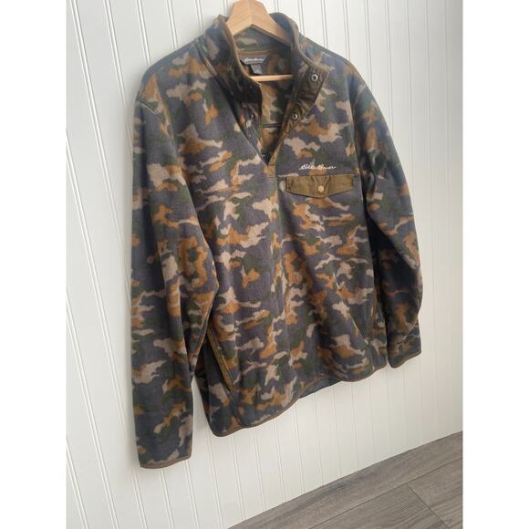 Eddie Bauer Sweater Men's Large Camouflage Fleece Pullover 1/4 Snap Neck, Gorp - Picture 2 of 5